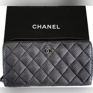 Authentic Chanel Perforated Silver Metallic Lambskin Quilted Zip Around Wallet